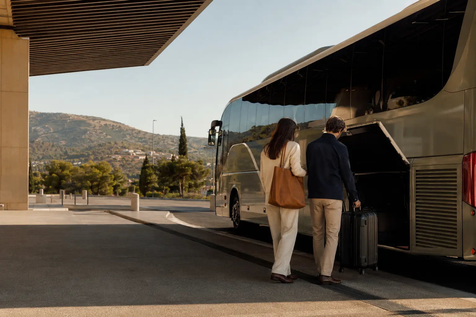 International travellers boarding the direct airport coach toward Aix