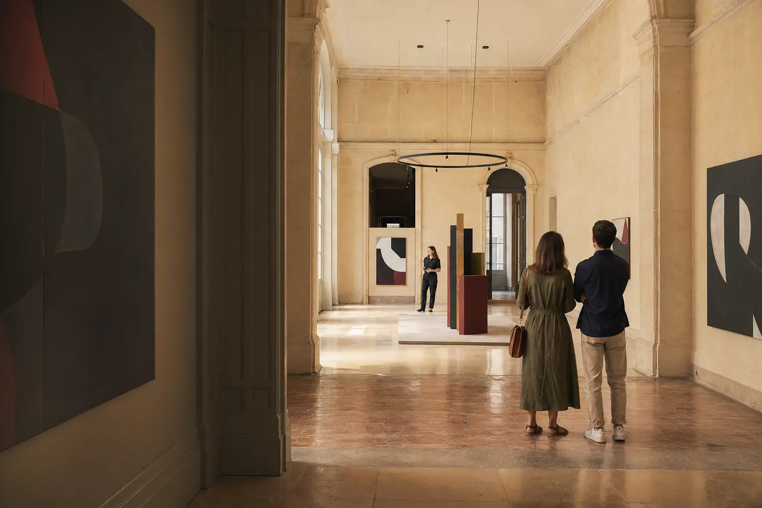 Visitors viewing an exhibition in a restored Aix townhouse