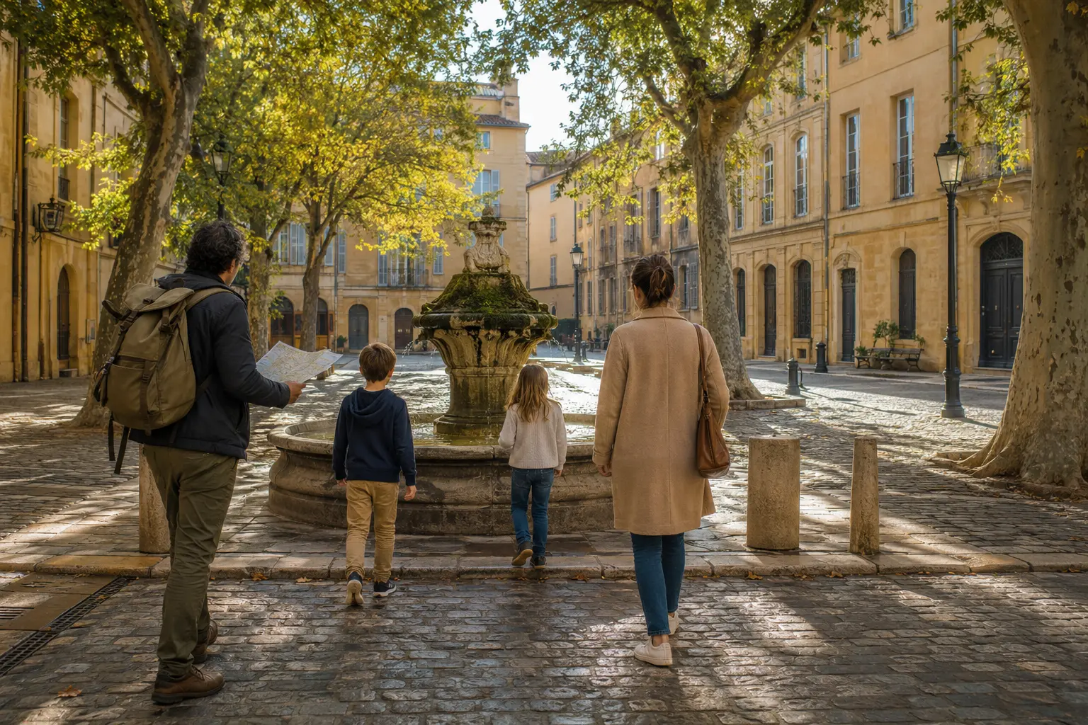A family discovering an Aix fountain square