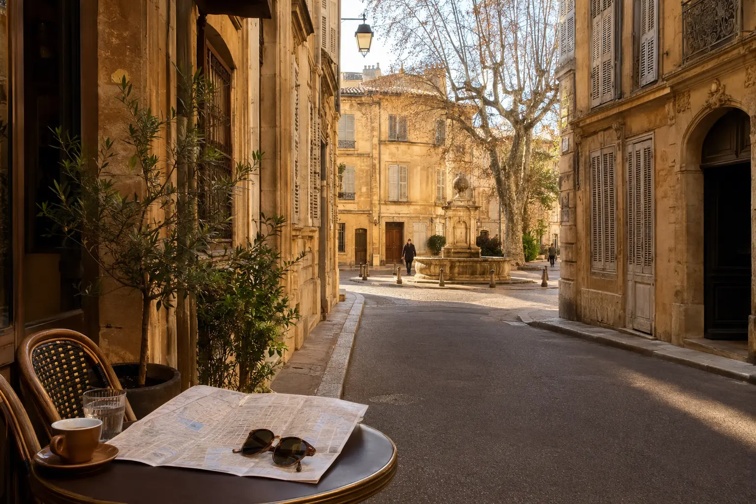 A map beside a sunlit street in central Aix-en-Provence