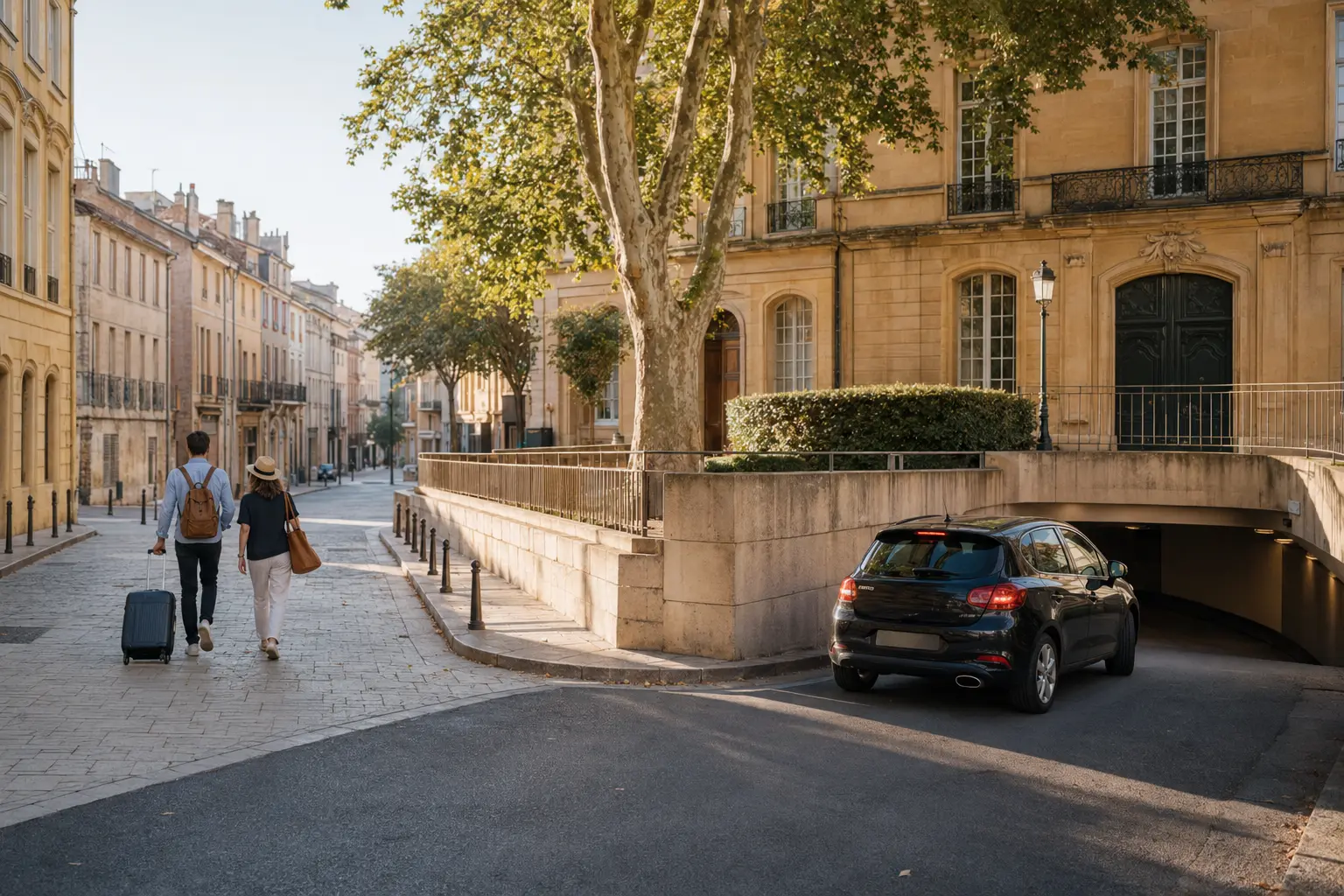 A car entering an underground car park at the edge of historic Aix