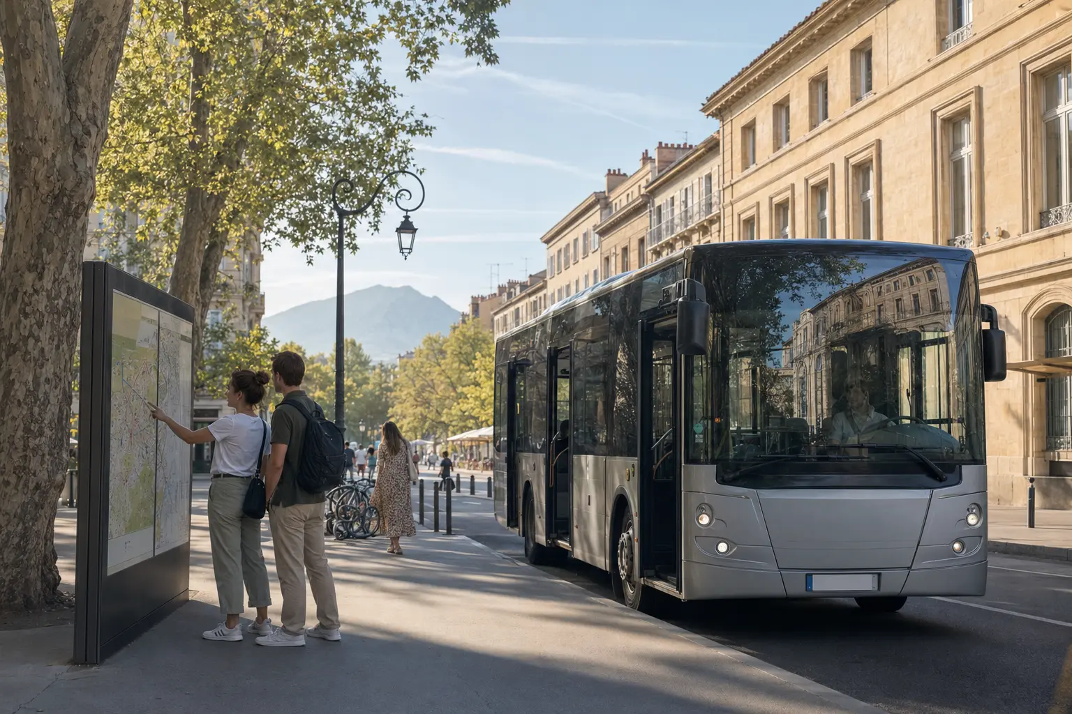 International visitors using a city bus in Aix-en-Provence