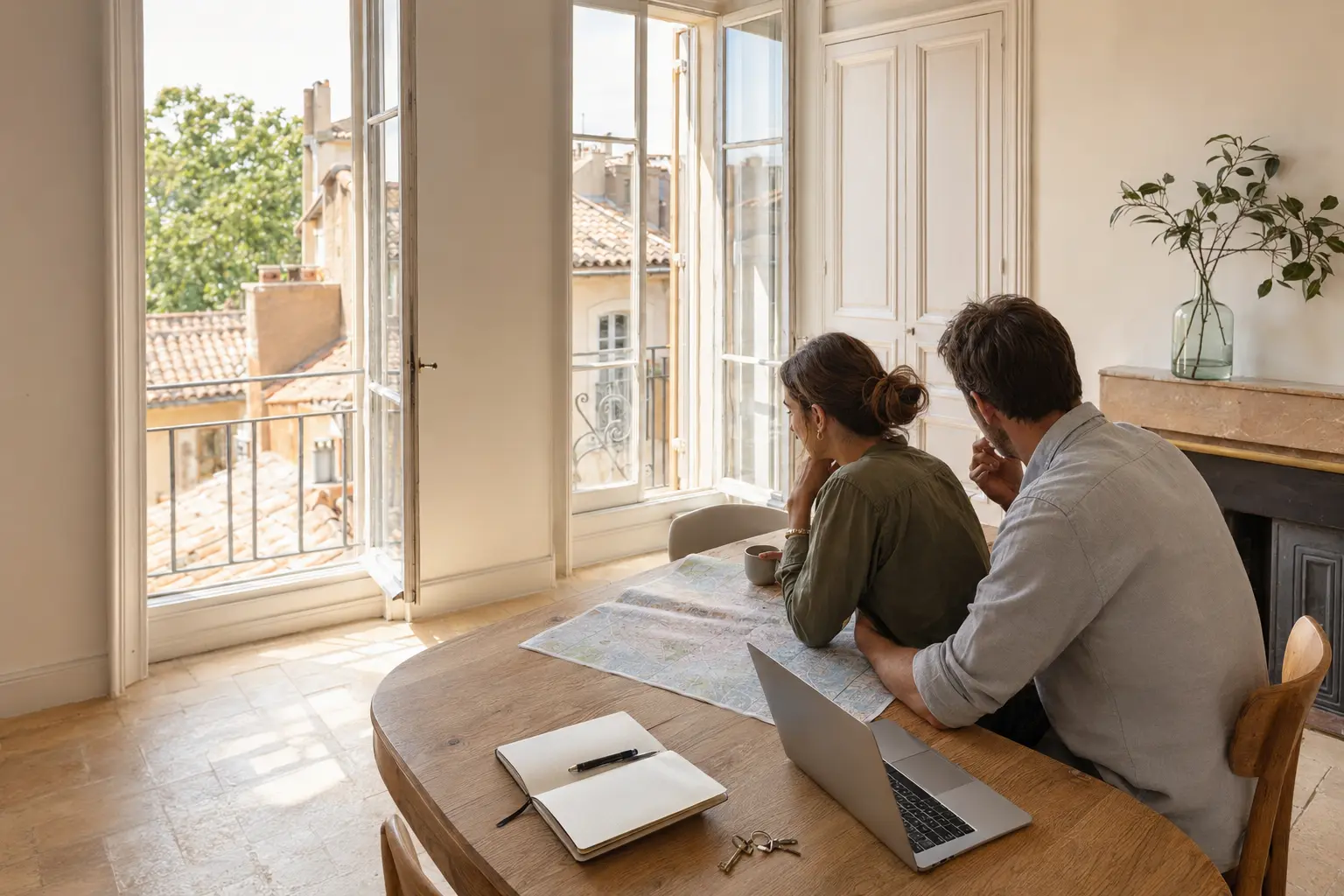 A couple comparing practical details before moving to Aix
