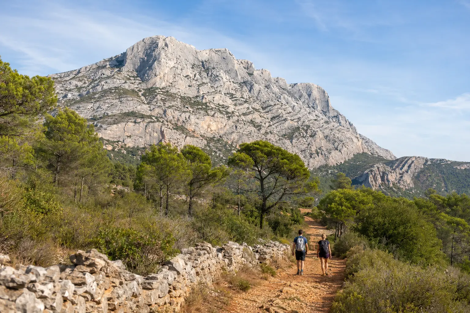 Hikers approaching Sainte-Victoire on a low-level trail
