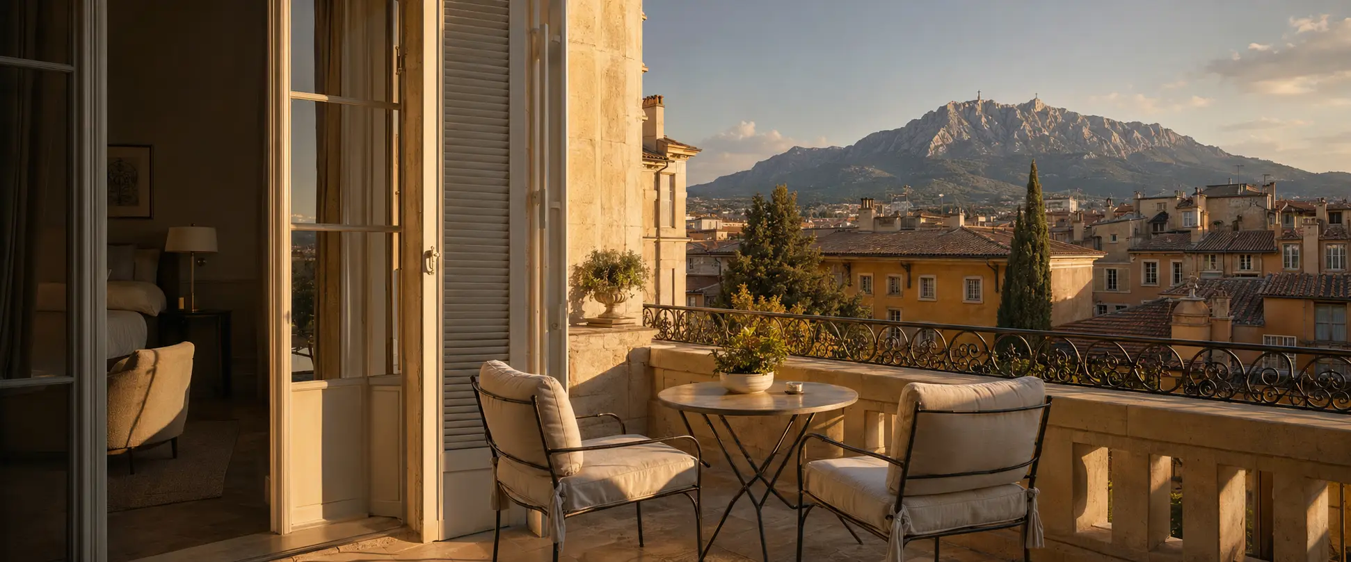 An elegant private terrace overlooking Aix-en-Provence and Sainte-Victoire