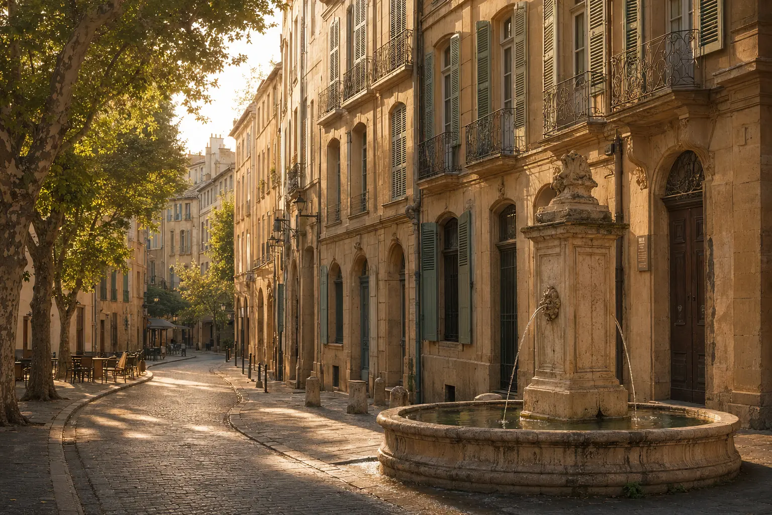 A historic street and fountain in the centre of Aix-en-Provence